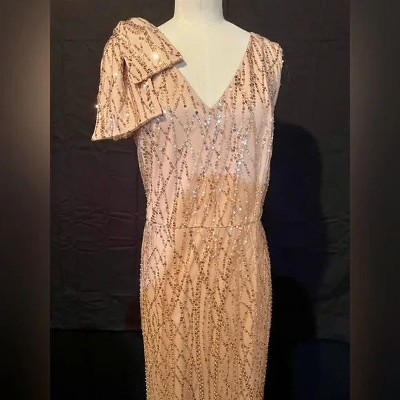 Dress Formal JS Collections Blush Gold 16 Sequined Sleeveless Bow V-Neck… - Picture 3 of 13